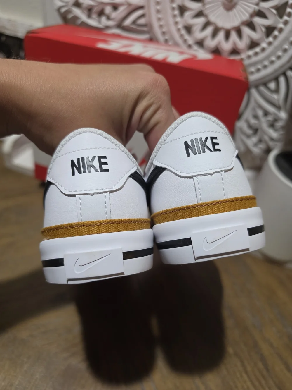 NEW Nike Court Legacy White Low-Top Sneakers Black Swoosh/Gold Trim Size 5Y